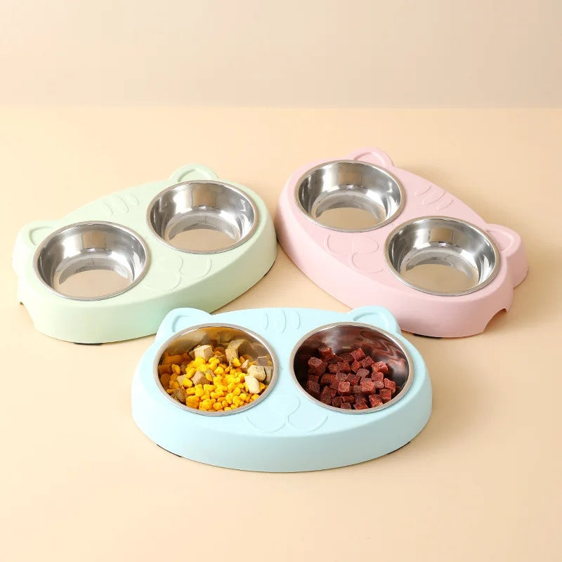 Macaron Pet Double Bowl Plastic Kitten Dog Food Drinking Tray Feeder Cat Feeding Pet Supplies Accessories