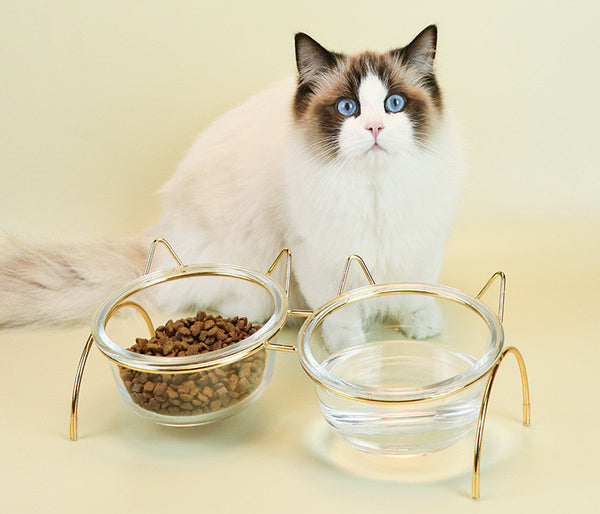 Glass Cat Bowl Drinking Dish Feeder For Pet Food Water Dishes Feeder With Metal Feeding Bowl Rack Cats Puppy Feeding Accessories